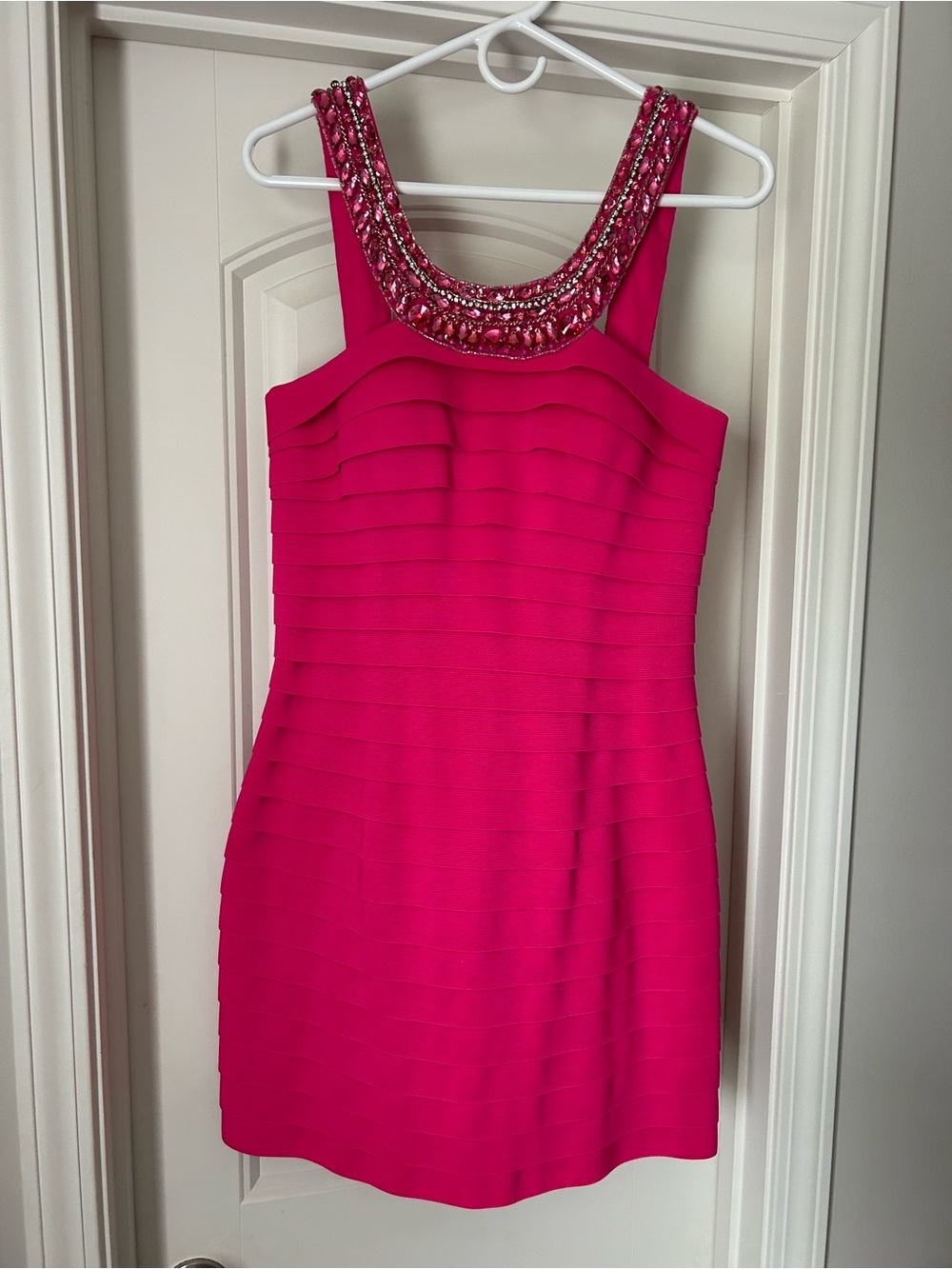 Sherri Hill Hot Pink Embellished Neck Mini Dress